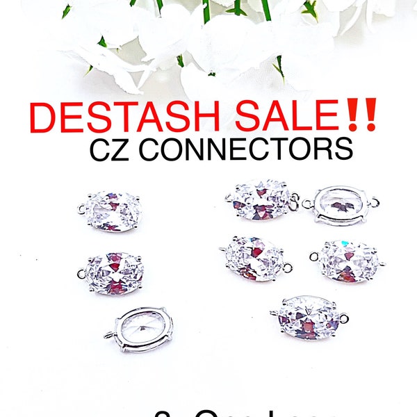 Destash Lots of Oval CZ Connectors in Rhodium Silver, Sale Jewelry Silver CZ Oval Connectors, Sale Silver CZ One Loop Oval Charms, Destash