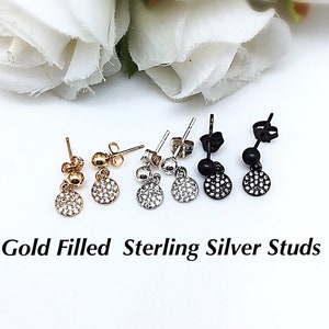 Children&#39;s Tiny Pave Disc CZ Dangle Earrings, Tiny Pave Dot Stud Earrings, Children&#39;s CZ Stud Earrings, Gorgeous CZ Pave Disc Stud Dangles