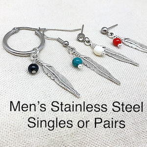 Men&#39;s Stainless Feather Earring Single or Pairs with Gemstones, Men&#39;s Feather Hoops or Studs, Ladies Feather Stainless Earrings
