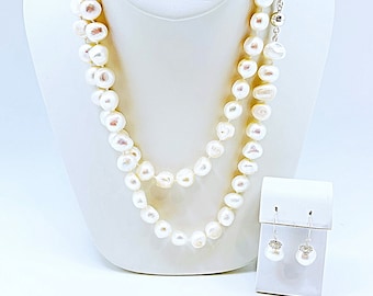 White Pearl Nugget 36” Necklace Sterling Magnet Clasp, Stunning Large Pearl Knotted 36” Necklace, Anniversary Pearl Necklace, Xmas Gift, GWP