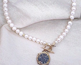 Freshwater Pearl Necklace with Two Tone Cross Coin Disc,  White Pearl 17" Toggle Necklace with Cross Pendant,  Cross On White Pearl Choker