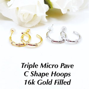 Micro Pave CZ Stud 16mm Gold Filled Hoop White/Yellow, Small CZ C Hoops for Every Day, Stud Micro Pave CZ Hoop in Gold Filled, 3/4” Hoop