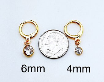 Round CZ Dangles on Gold Filled 10mm Lever Back Huggies, Quality CZ Gold Filled Charms & Huggies, Bridesmaid Gold CZ Charms on Huggies