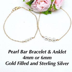 Pearl Bar Bracelets & Anklets in Gold Fill or Sterling Silver, Pretty Chain Pearl Bracelet, Pearl Bar Anklet, Dainty 3 Pearl Chain Bracelet