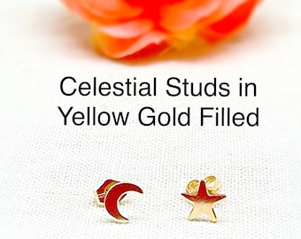 Tiny Star and Moon Gold Filled Studs, Celestial Studs in Gold Filled, Gold Filled Star & Crescent Moon Studs, Multiple Piercing Studs