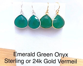 Emerald Green Onyx "Heart" Dangle Earrings in Sterling or Gold Vermeil, 16mm Emerald Green Onyx Earrings, May Birthstone Earrings