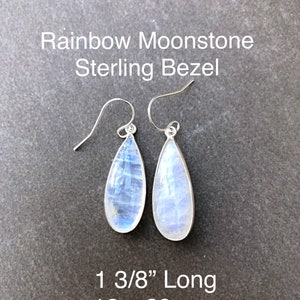 RARE Sterling Rainbow Moonstone Teardrop Dangle Earring, 1 3/8&quot; Elegante Arcobaleno Moonstone Teardrop Earring, Blue Rainbow Moonstone Dangle
