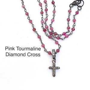 Tiny Oxidized Diamond Cross on Pink Tourmaline Chain, Religious Gifts,  Diamond Cross Choker, Removable Diamond Cross Enhancer Necklace