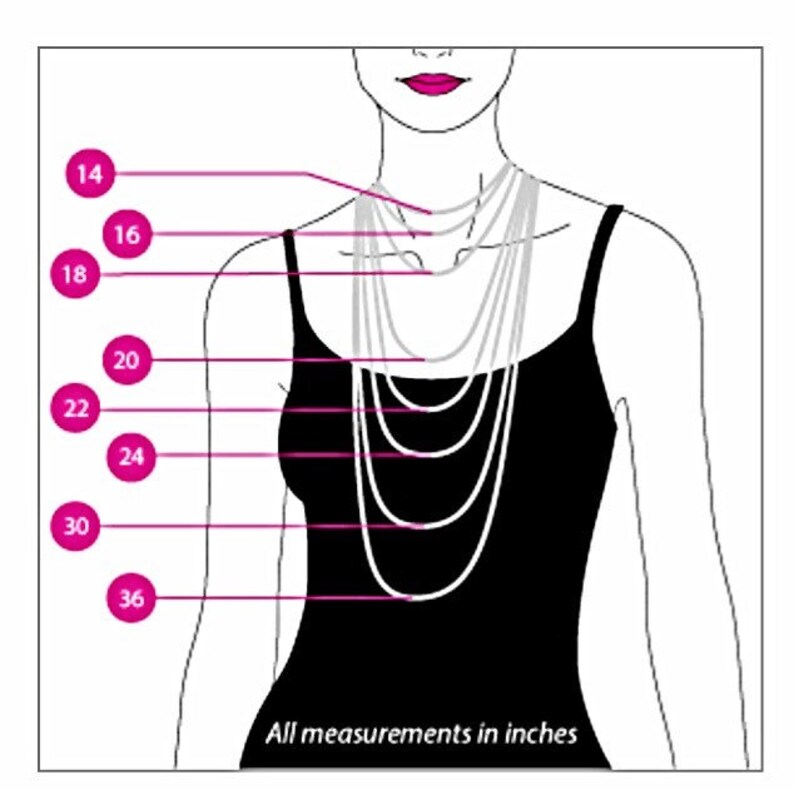 May include: Diagram showing different necklace lengths in inches, from 14 inches to 36 inches. The necklace lengths are shown on a woman's neck, with each length marked with a number.