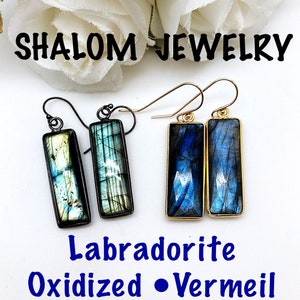 Rectangular Gold Vermeil Labradorite Dangle Earrings, 1 1/2&quot; Rectangle Labradorite Gold Earrings, Beautiful Labradorite Rectangular Dangles