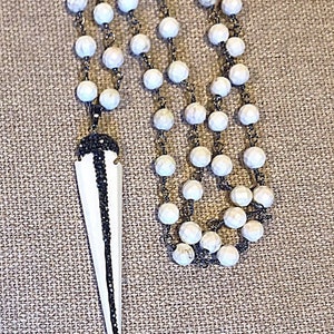 Sale 36” White Turquoise Hand Wired Chain with Hematite Crystal &quot;Bone&quot; Spike Necklace, Sale Crystal & Ivory Long Spike Layering Necklace