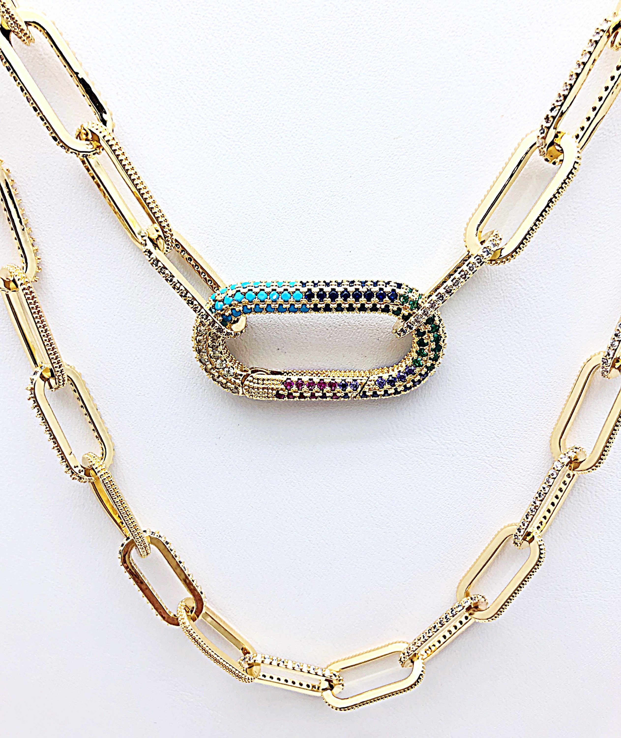 CZ Gold Filled Paperclip Chain With Fancy Cabiner Clasp or Pave