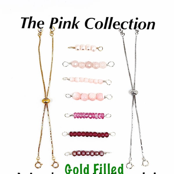 Interchangeable Pink Gemstones Bolo Chain Gold Filled Bracelets, Changeable Adjustable Pink Pull Bracelets, Pink Gemstone Slider Bracelets
