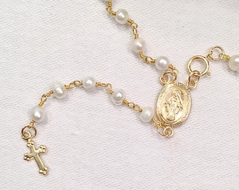 White Pearl Rosary for Children and Adults, Dainty Pearl Rosary Necklace Child and Adult, 1st Communion, Religious Rosary Jewelry