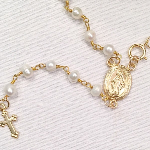 Real White Pearl Rosary Necklaces Gold Filled for Children and Adults, Dainty Pearl Rosary Necklaces in Gold Filled with Crossp