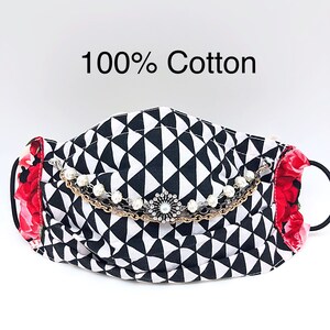 Sale Face Mask w/Removable Pearl Chains 100% Cotton Filter Pocket, Sale Designer Look Mask Detachable Pearl & Chains, Chain Cotton Face Mask