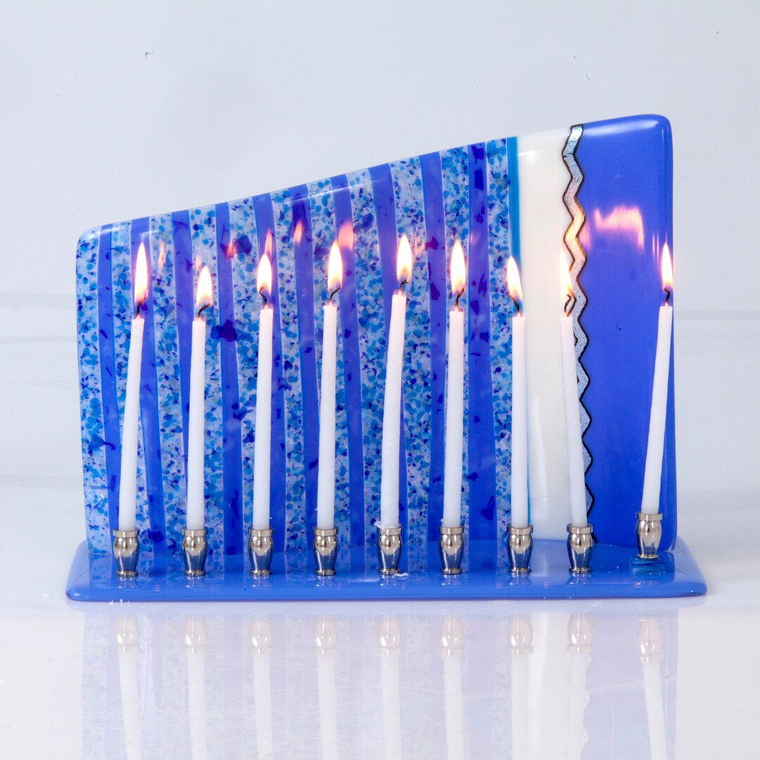 Blue and White Menorah Art Glass Menorah Fused Glass Etsy