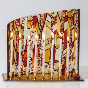 Bernstein gestreifte Menora, Kunst Glas Menorah, handgefertigt, Kunstglas, Judaica, Chanukah, jüdische Feiertage