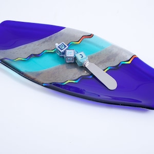 Fused glass Hanukkah platter,  cheese platter, glass plate, hostess gift, blue glass dish,  fused glass dish with spreader,