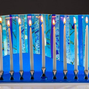 Blue Forest Menorah, art glass Menorah, handmade, art glass, Judaica, Hanukah, Jewish holidays, Jewish wedding gift