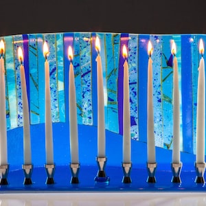 Blue Forest Menorah, art glass Menorah, handmade, art glass, Judaica, Hanukah, Jewish holidays, Jewish wedding gift