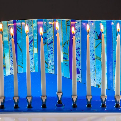 Blue Forest Menorah Art Glass Menorah Handmade Art Glass Etsy