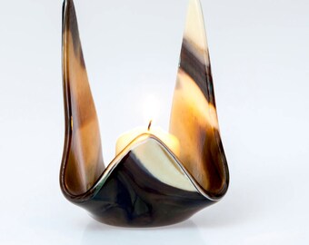 Gesmolten glas votief serviesje-glas, bruin en crème votief, gastvrouw cadeau, huwelijkscadeau,
