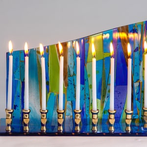 Blaue Kunst Glas Menorah, Judaica Kunst