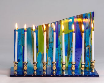 Blue Art Glass Menorah, Judaica art