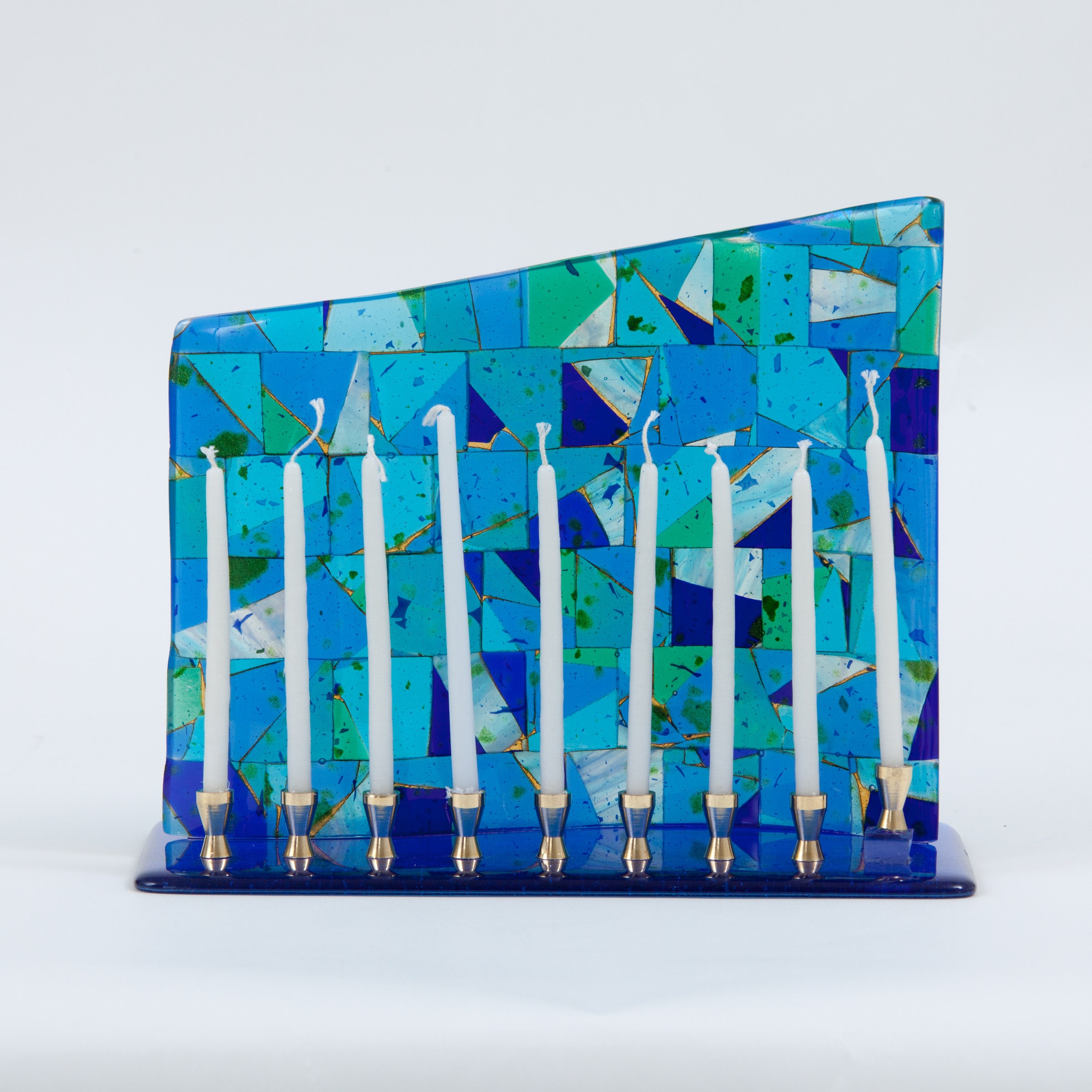 READY TO SHIP Blue Mosaic Menorah, Art Glass Menorah, Judaica