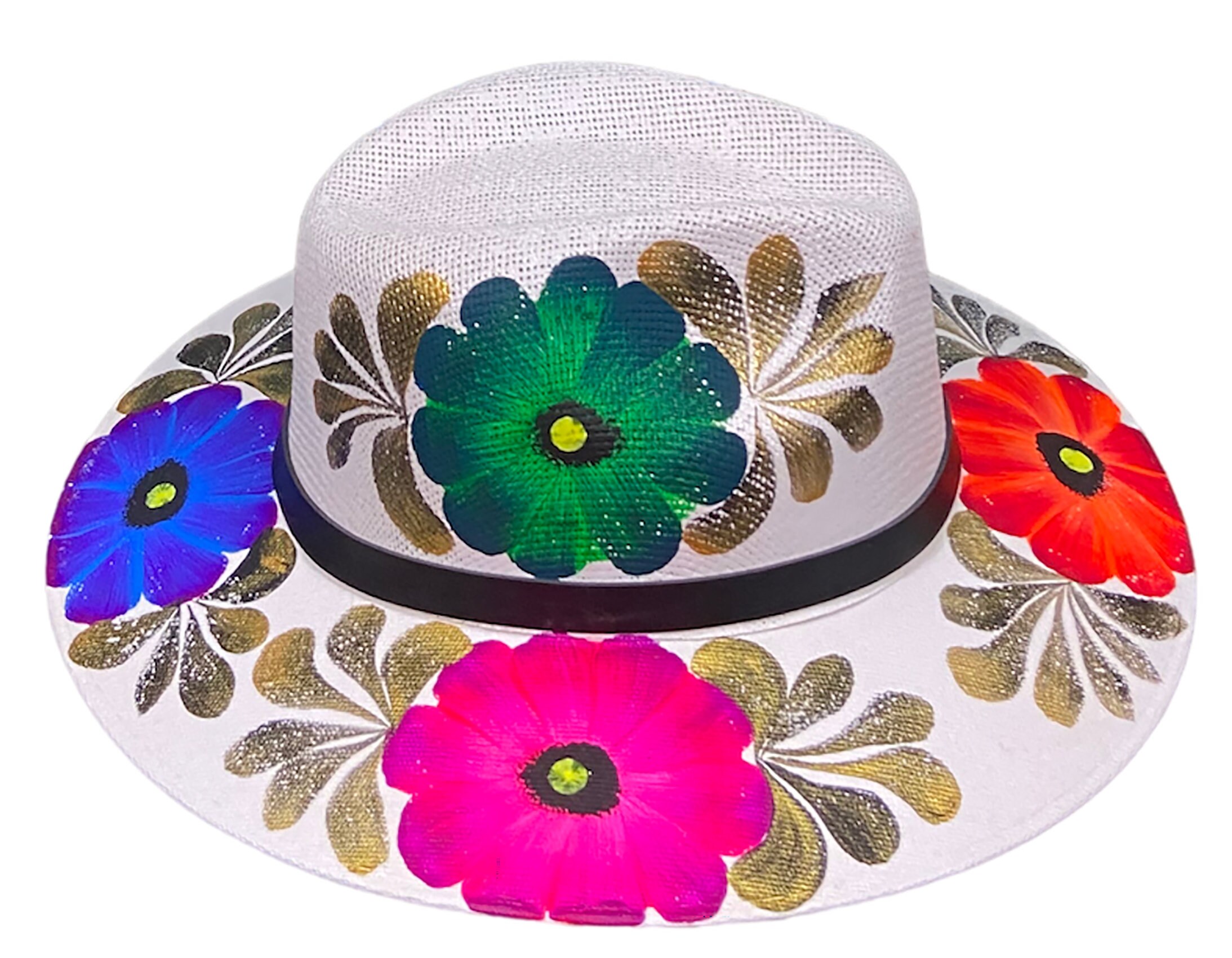 MEXICAN Artisan Hand painted Panama fedora sun hat|med/sm Southwestern Hand Painted Fedora Hat (2bc566) main image 4