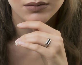 Textured double ring - Minimalist ring - Double ring - 925 Sterling Silver -  Minimalist jewelry -Black Cubic Zirconia