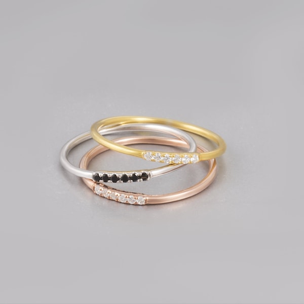Solid Gold Midi Ring,Band Ring,Pinky Ring,Toe Ring,9k oder 14k Solid Gold Ring,Stapelband Ring,6 Schwarz oder Weiß CZ,Echt Gold Midi Ring