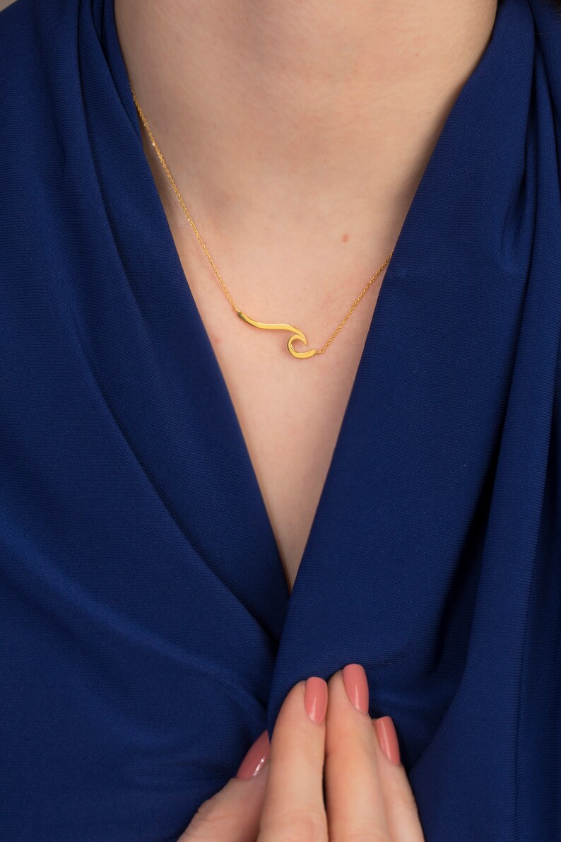 Wave necklace,Wave Pendant,Modern Design Pendant,Solid Gold Necklace,Elegant Chain,Sea Pendant, Beach Jewelry,Surfer Necklace,Fine Jewellery image 4