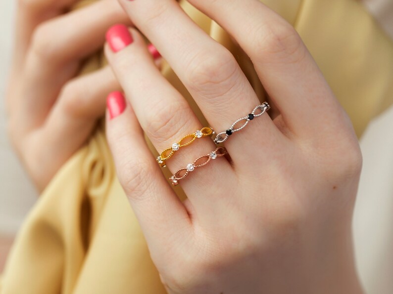 Stacking Ring 9k or 14k Solid Gold Minimalist Band Filigree Lace Band Ring White or Black Cubic Zirconia Delicate band 5 Stones