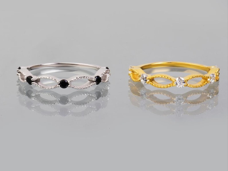 Stacking Ring 9k or 14k Solid Gold Minimalist Band Filigree Lace Band Ring White or Black Cubic Zirconia Delicate band 5 Stones