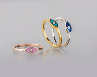 Enamel Evil eye ring,Unique evil eye ring,9k 14k or 18k Gold Ring,Good luck ring ,Minimal Gold Ring, Gold Pinky Ring