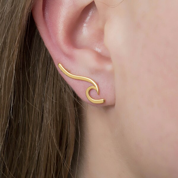 Solid Gold Wave Ear Climber, Ear Cuff Earring,9k or 14k, Earrings Cuff, Ear Climber,Polished earrings, Real Gold Ear Climber