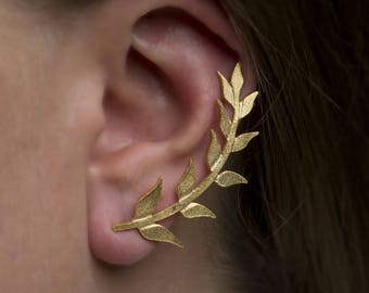 Leaves Ear Climber,Ear Cuff Earring,925 Sterling silver,Statement earrings cuff, Ear climber,Textured earrings, 18K gold plated