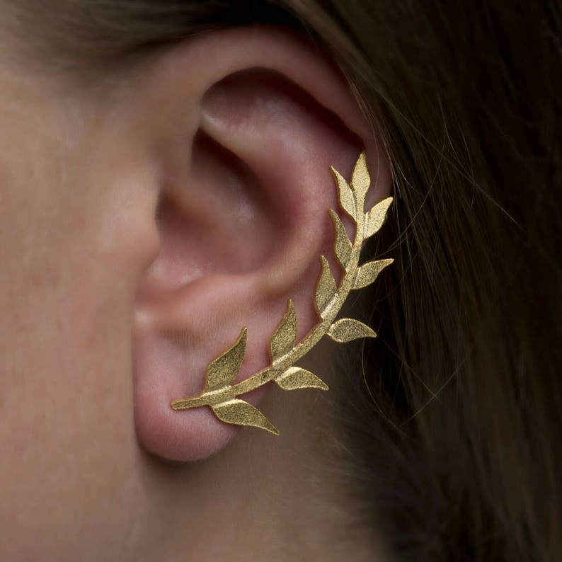 Leaves Ear Climber,Ear Cuff Earring,925 Sterling silver,Statement earrings cuff, Ear climber,Textured earrings, 18K gold plated image 1