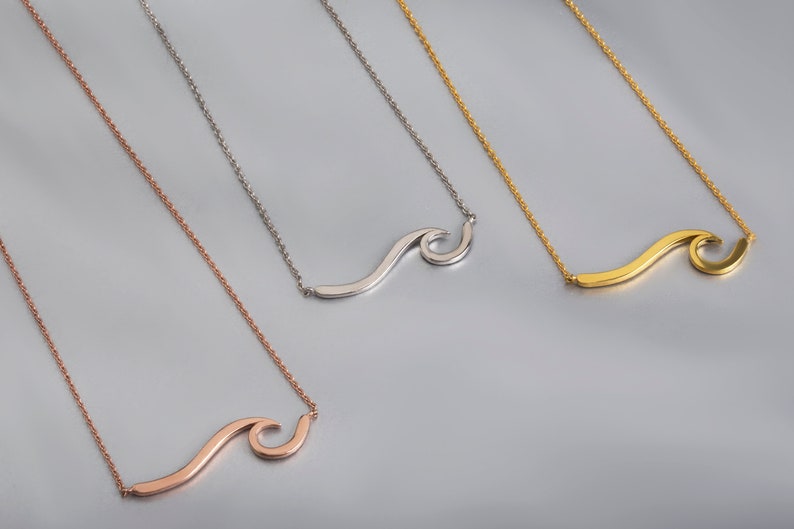 Wave necklace,Wave Pendant,Modern Design Pendant,Solid Gold Necklace,Elegant Chain,Sea Pendant, Beach Jewelry,Surfer Necklace,Fine Jewellery image 1