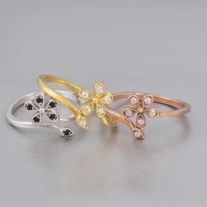 Solid Gold Toe Ring,Flower Style Toe Ring,Midi & Pinky Ring,9k or 14k Solid Gold,Adjustable Ring,Black or White CZ,Real Gold Toe  Ring