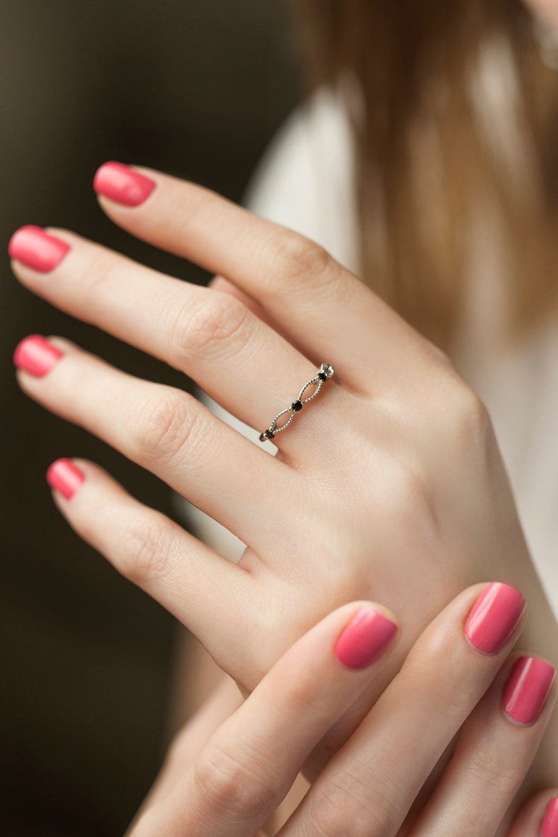 Stacking Ring 9k or 14k Solid Gold Minimalist Band Filigree Lace Band Ring White or Black Cubic Zirconia Delicate band 5 Stones