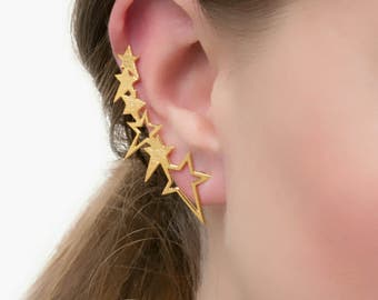 Stars Ear Cuff Earrings,925 solid sterling silver,Hypoallergenic gold ear cuff, gold ear crawler, gold ear climber earring, 18K gold plated