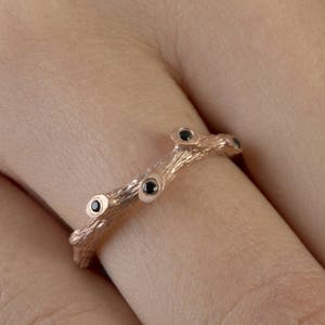 Solid Gold Twig Ring, Botanical jewelry, 9k 14k , Handcrafted Gold Ring, Branch ring, Black or White Diamond, Unique Gold Ring, Diamond Ring image 2