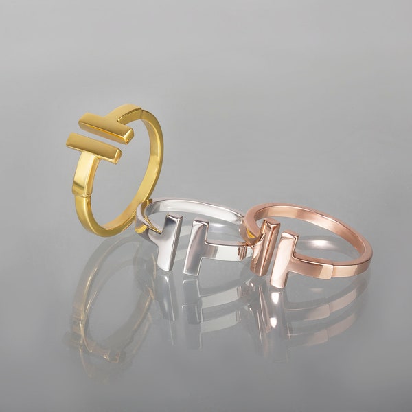 T-Bar-Ring, T-Bar-offene Ringe, verstellbarer Goldring, 9k oder 14k Massivgold, minimalistischer Ring, moderner Ring, trendiger Ring