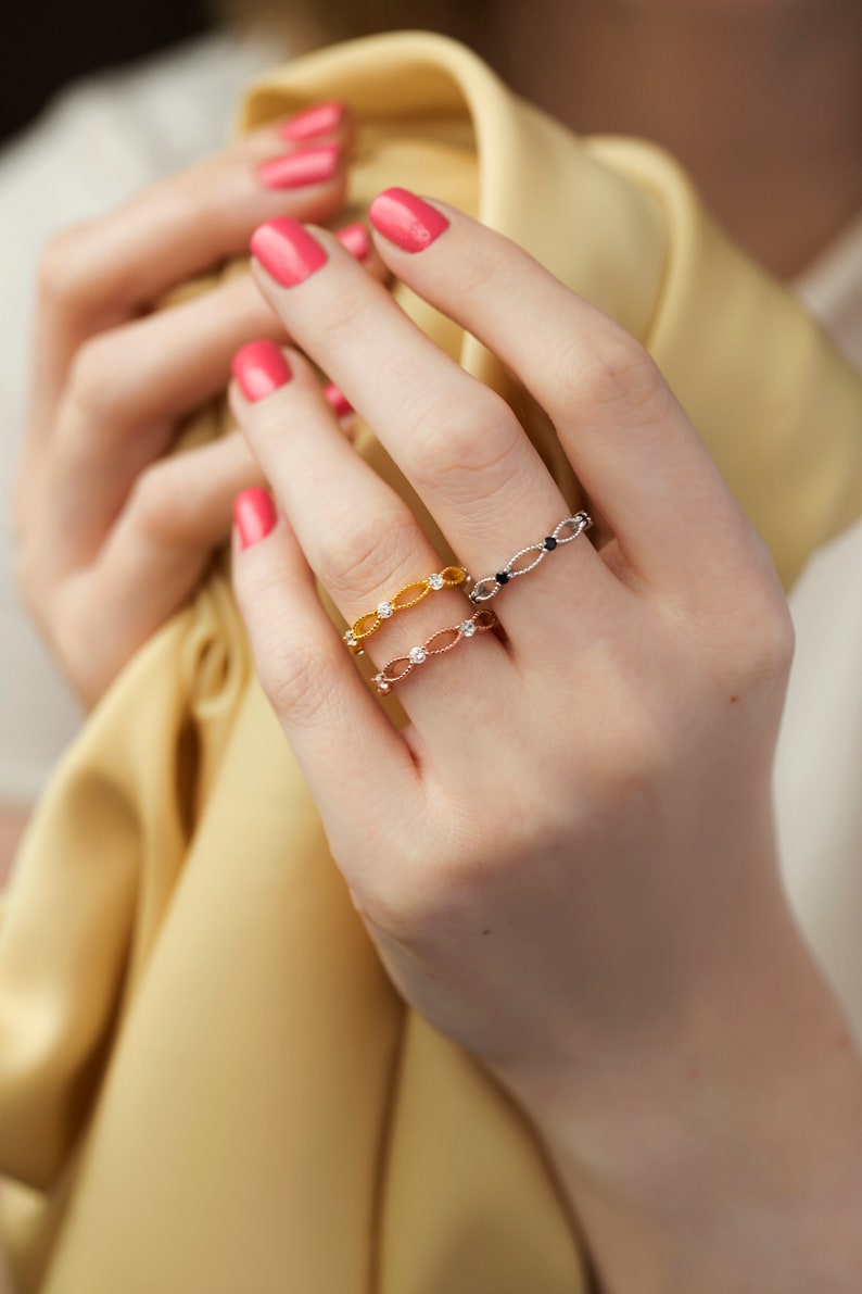 Stacking Ring 9k or 14k Solid Gold Minimalist Band Filigree Lace Band Ring White or Black Cubic Zirconia Delicate band 5 Stones