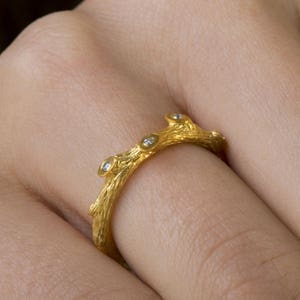 Solid Gold Twig Ring, Botanical jewelry, 9k 14k , Handcrafted Gold Ring, Branch ring, Black or White Diamond, Unique Gold Ring, Diamond Ring image 1