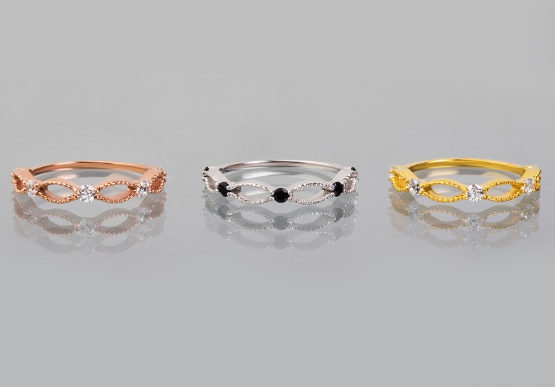 Stacking Ring 9k or 14k Solid Gold Minimalist Band Filigree Lace Band Ring White or Black Cubic Zirconia Delicate band 5 Stones