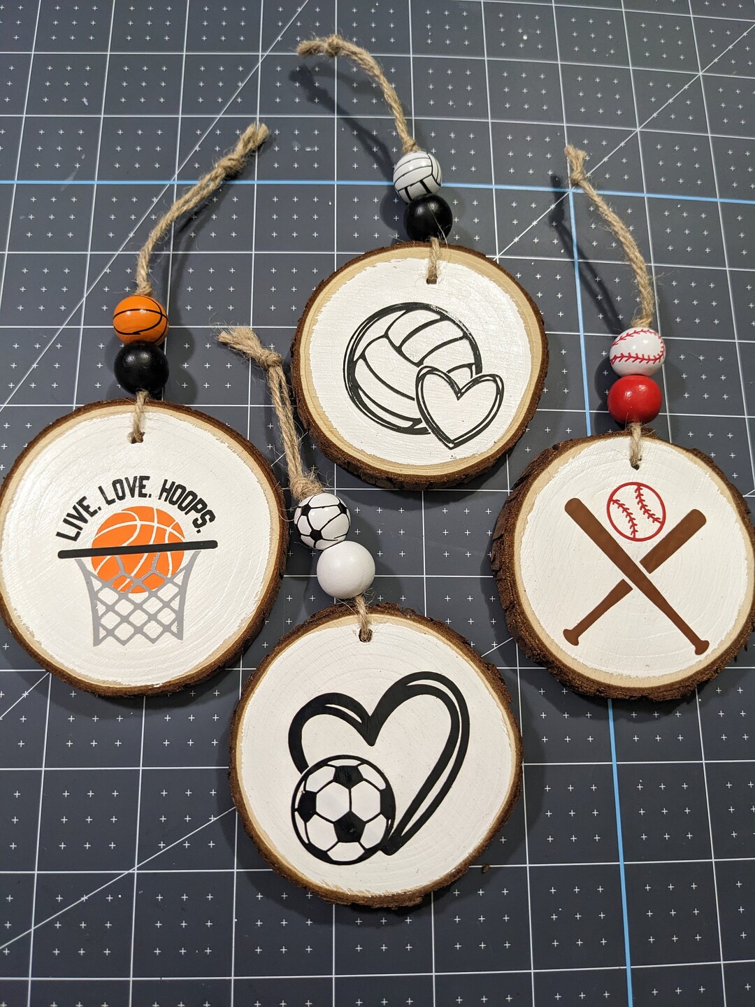 Sports Natural Wood Slice Ornaments, Baseball, Basketball, Soccer